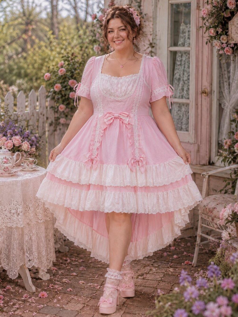 Sugar Thrillz Pink Cotton Lace Bow High Low Coquette Dress Sz. L